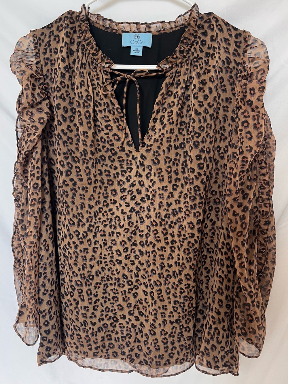 CeCe Brown Leopard Tie-Neck Ruffle Blouse